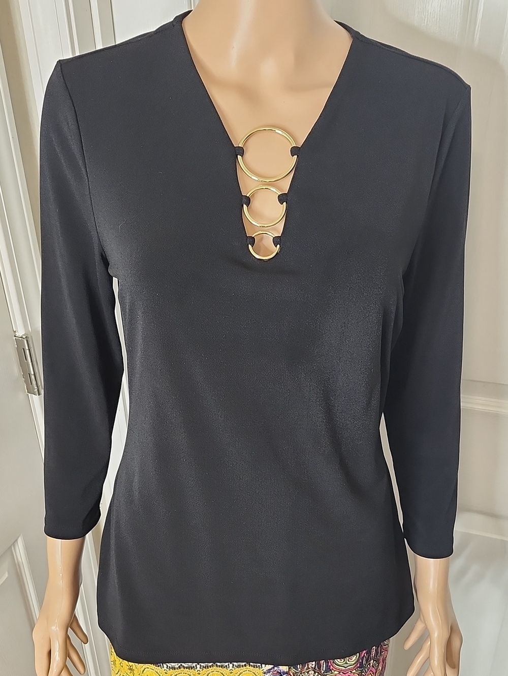INC International Concepts Black Long Sleeve Top with V-Neck Gold Ring Accents